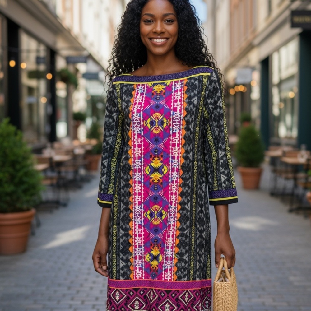 ICE Vibrant Multicolor Patterned Dress, size 8